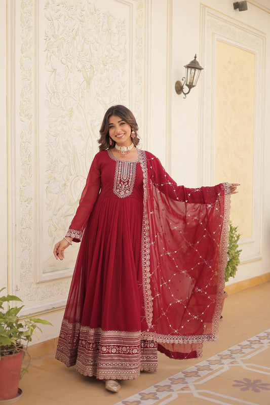 Jyoti Fashion Women's Maroon Silver Faux Blooming Sequins Embroidered Partywear Anarkali Dress with Dupatta | Swadesiicart