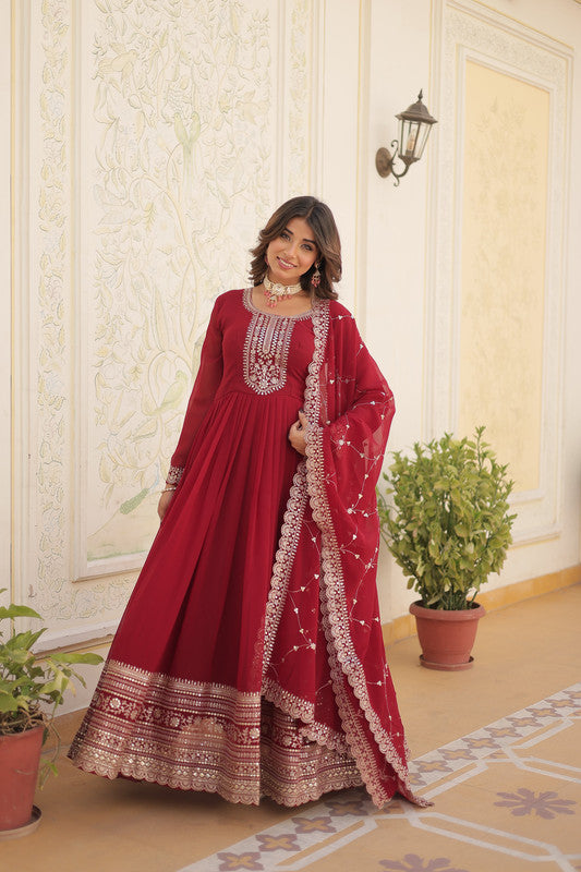 Jyoti Fashion Women's Maroon Silver Faux Blooming Sequins Embroidered Partywear Anarkali Dress with Dupatta | Swadesiicart