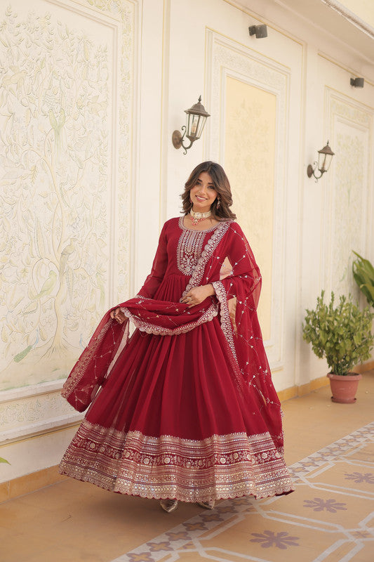 Jyoti Fashion Women's Maroon Silver Faux Blooming Sequins Embroidered Partywear Anarkali Dress with Dupatta | Swadesiicart