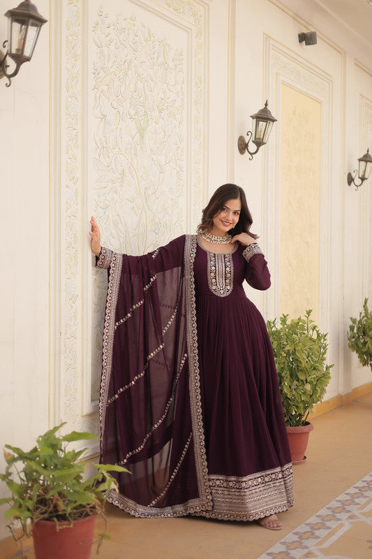 Jyoti Fashion Women's Wine Faux Blooming Silver Sequins Embroidered Partywear Anarkali Dress with Dupatta | Swadesiicart