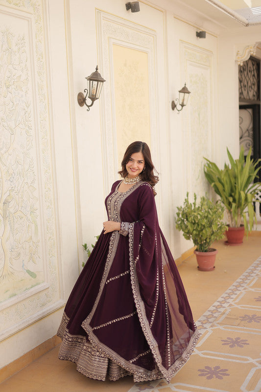 Jyoti Fashion Women's Wine Faux Blooming Silver Sequins Embroidered Partywear Anarkali Dress with Dupatta | Swadesiicart