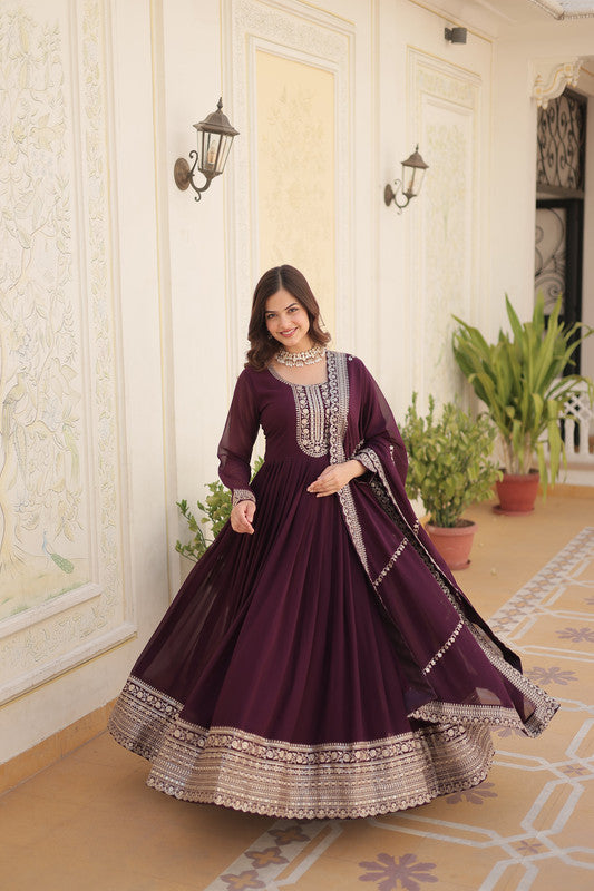 Jyoti Fashion Women's Wine Faux Blooming Silver Sequins Embroidered Partywear Anarkali Dress with Dupatta | Swadesiicart