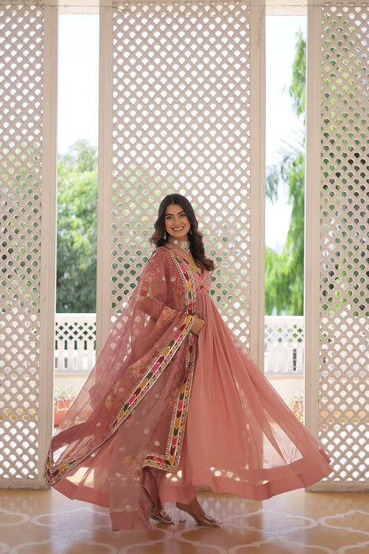 Jyoti Fashion Women's Peach Faux Georgette Sequins Zari Embroidered Anarkali Dress with Dupatta | Swadesiicart