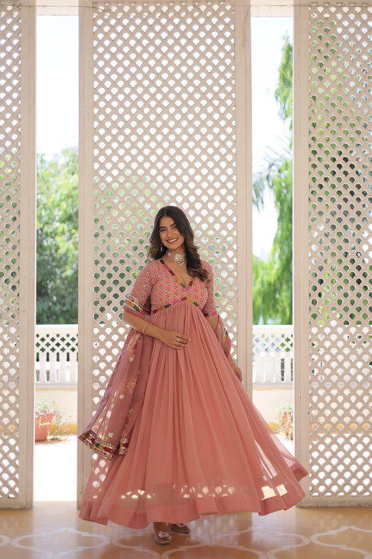 Jyoti Fashion Women's Peach Faux Georgette Sequins Zari Embroidered Anarkali Dress with Dupatta | Swadesiicart
