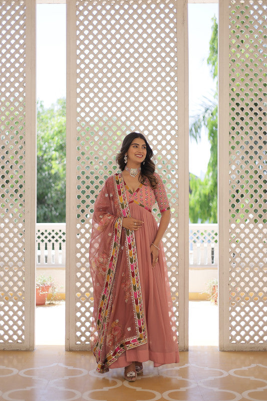 Jyoti Fashion Women's Peach Faux Georgette Sequins Zari Embroidered Anarkali Dress with Dupatta | Swadesiicart