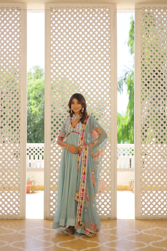 Jyoti Fashion Women's Sky Blue Faux Georgette Sequins Zari Embroidered Anarkali Dress with Dupatta | Swadesiicart