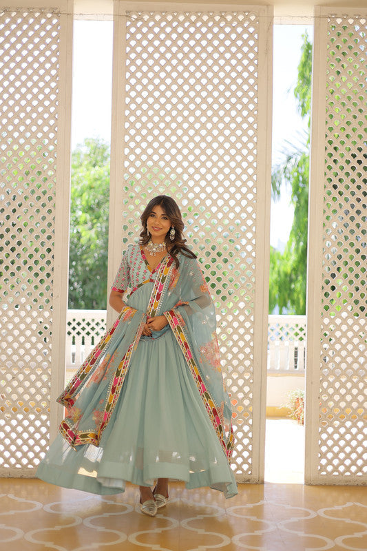 Jyoti Fashion Women's Sky Blue Faux Georgette Sequins Zari Embroidered Anarkali Dress with Dupatta | Swadesiicart