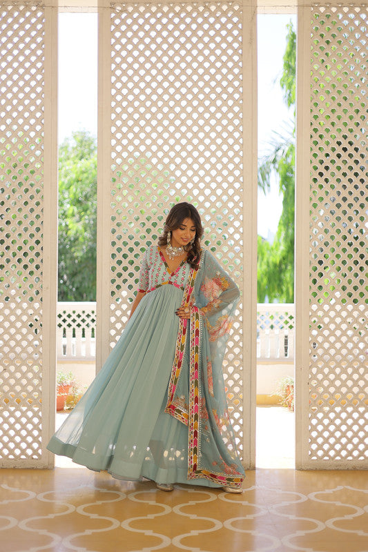 Jyoti Fashion Women's Sky Blue Faux Georgette Sequins Zari Embroidered Anarkali Dress with Dupatta | Swadesiicart