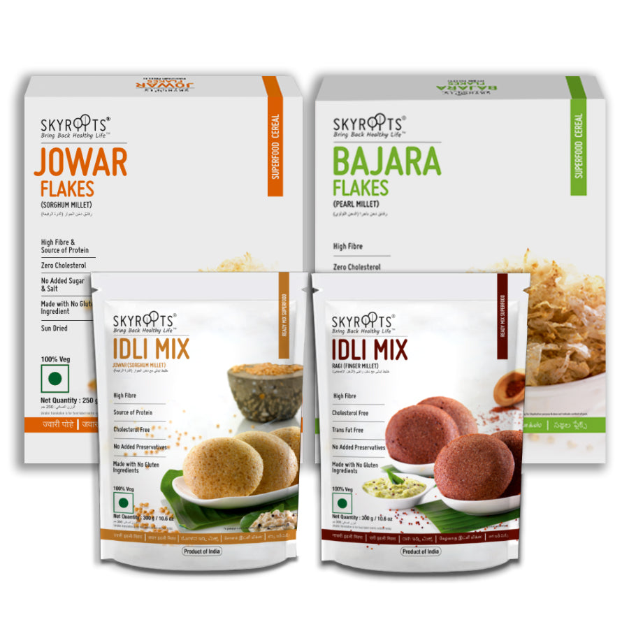 Skyroots Jowar Flakes + Bajara Flakes + Ragi Idli Mix + Jowar Idli Mix Combo Pack - SKYROOTS VENTURES LLP