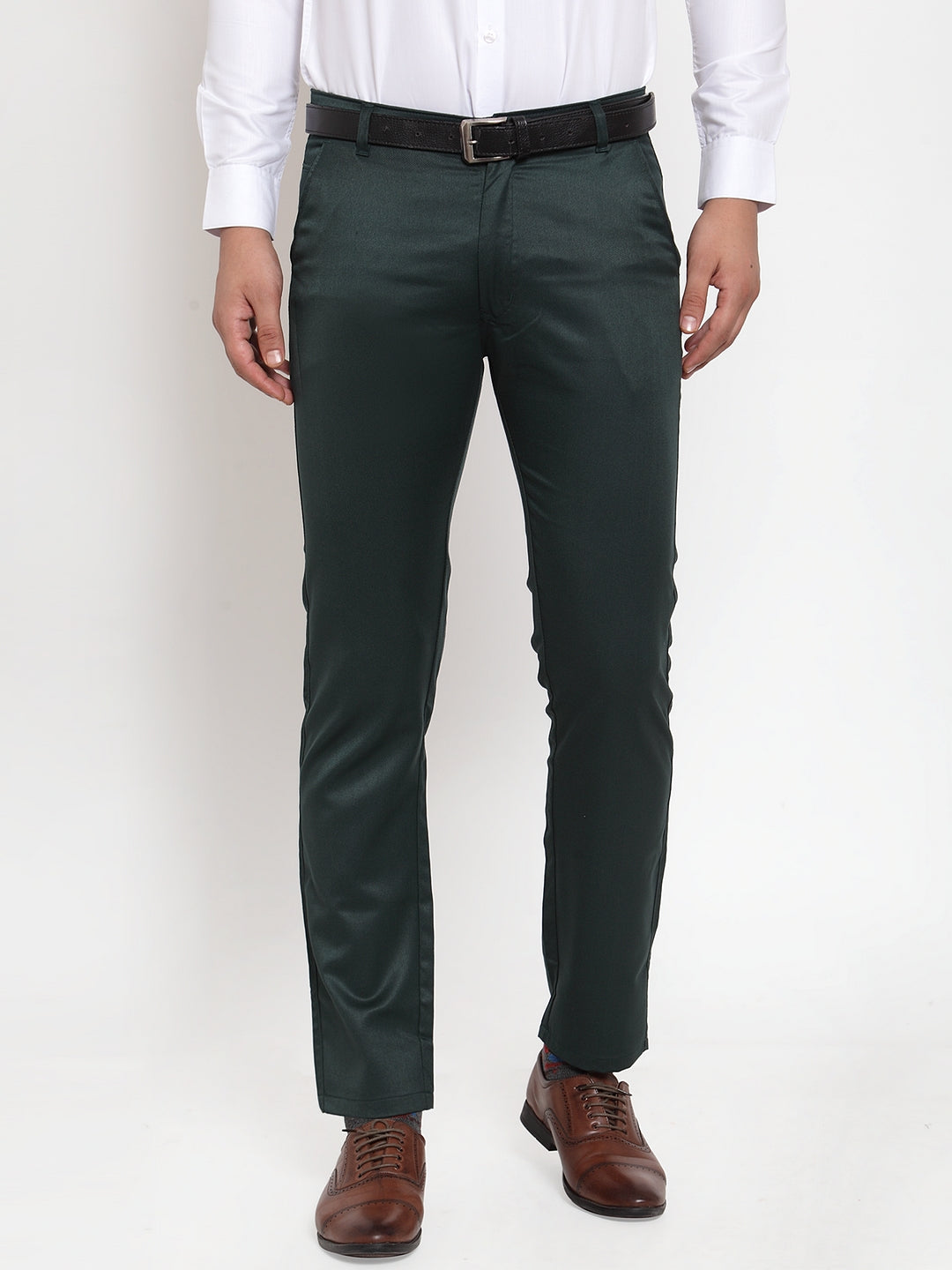 Jainish Men's Olive Tapered Fit Formal Trousers | Swadesiicart
