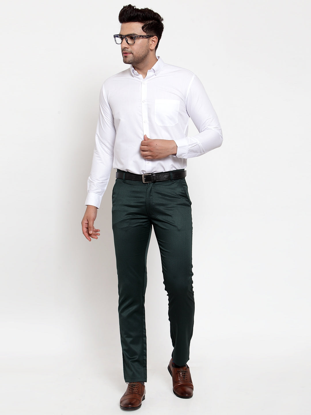 Jainish Men's Olive Tapered Fit Formal Trousers | Swadesiicart