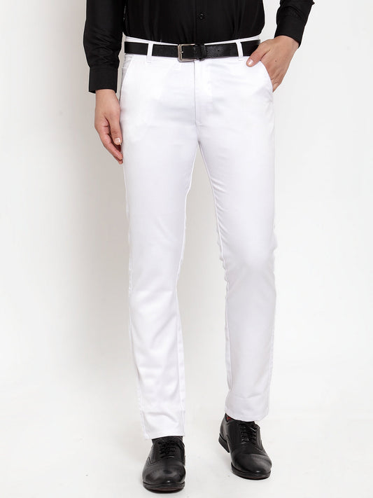 Jainish Men's White Tapered Fit Formal Trousers | Swadesiicart