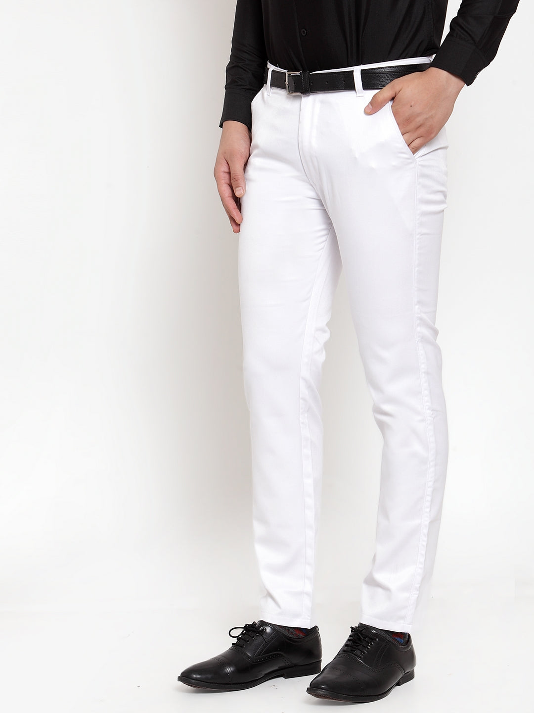 Jainish Men's White Tapered Fit Formal Trousers | Swadesiicart