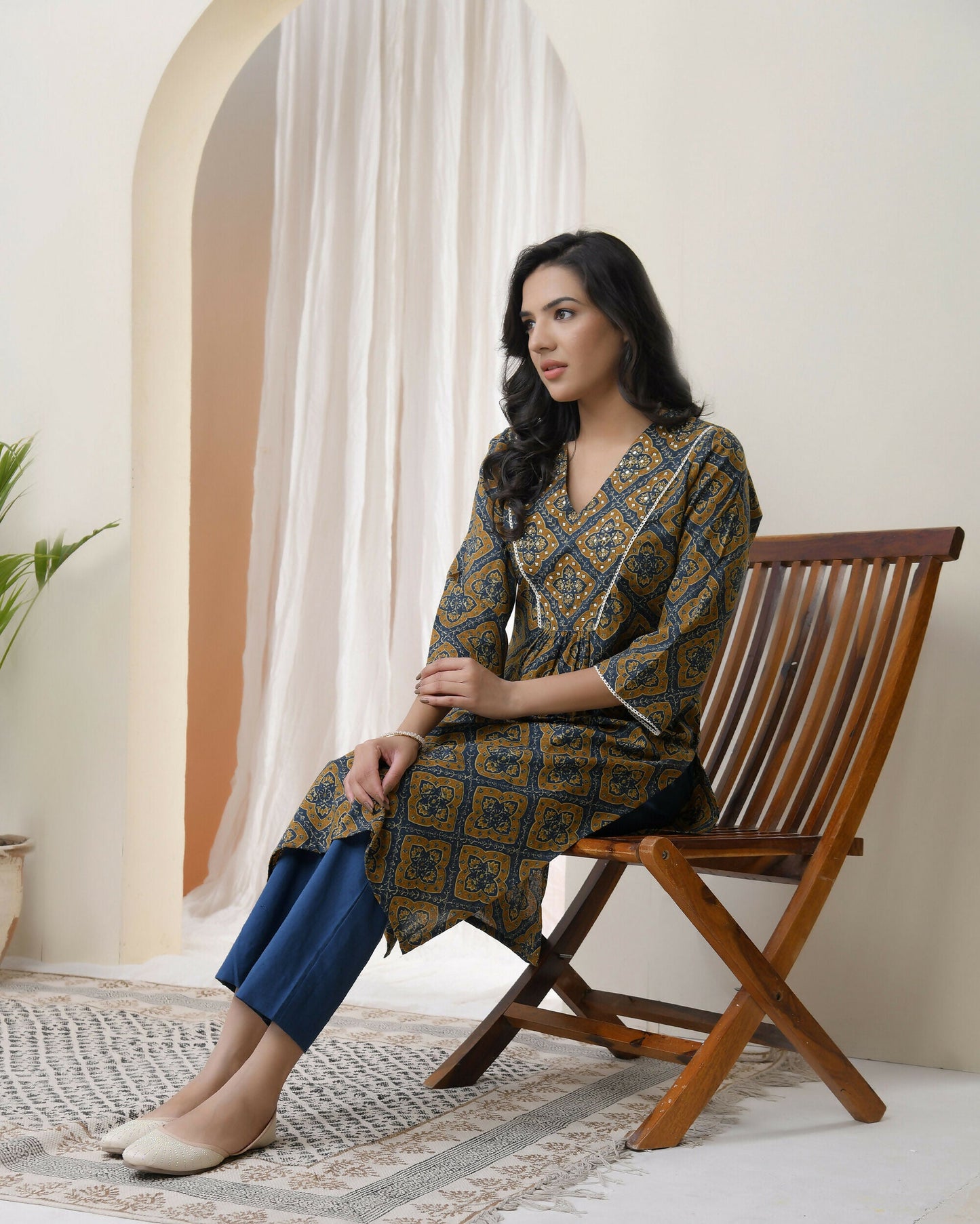 Vaasva Blue Ajrakh Cotton Printed Gathered Kurti With Pant | Swadesiicart
