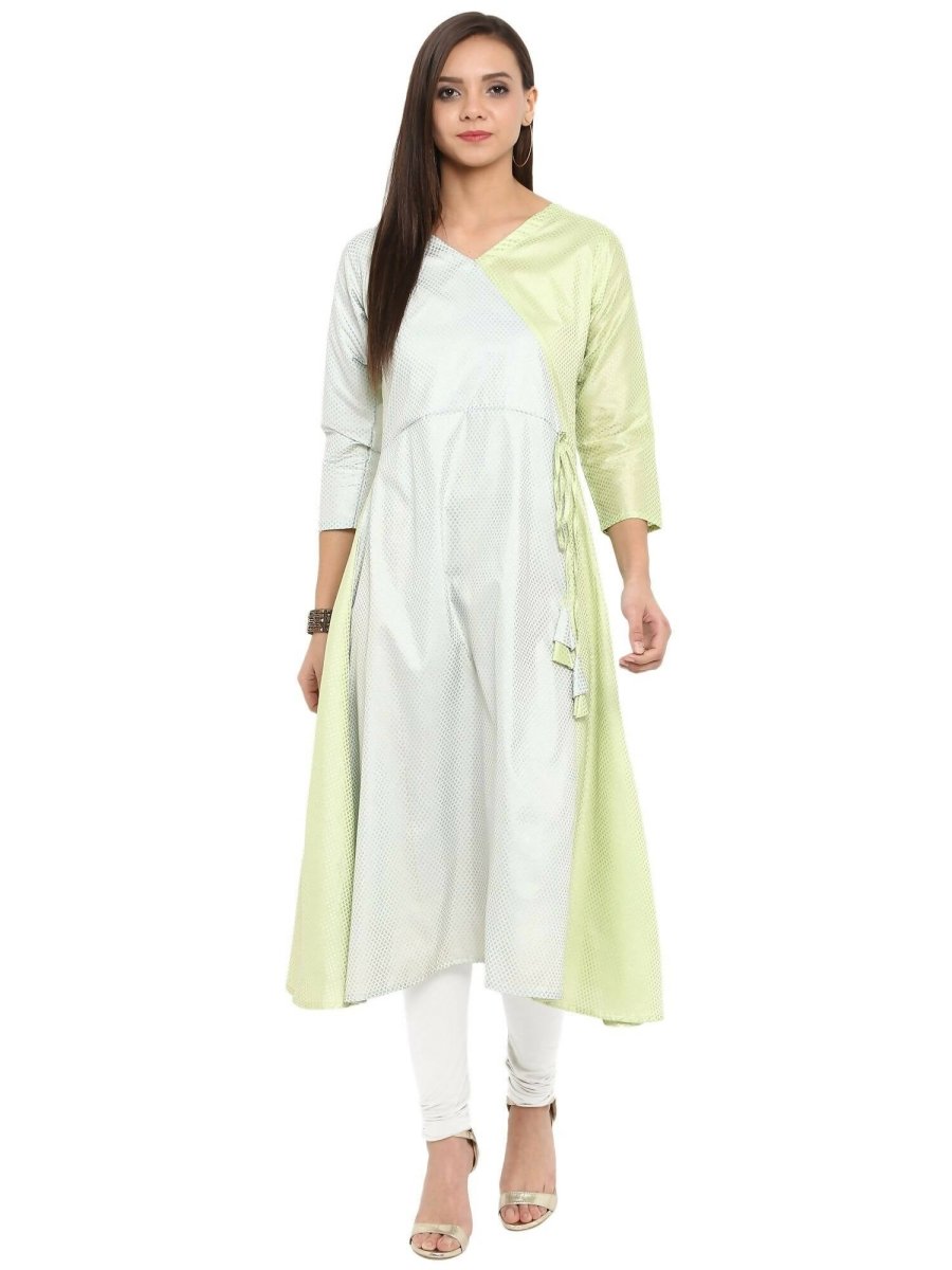 Ahalyaa Women Lime Green & Off-White Printed A-Line Kurta | Swadesiicart