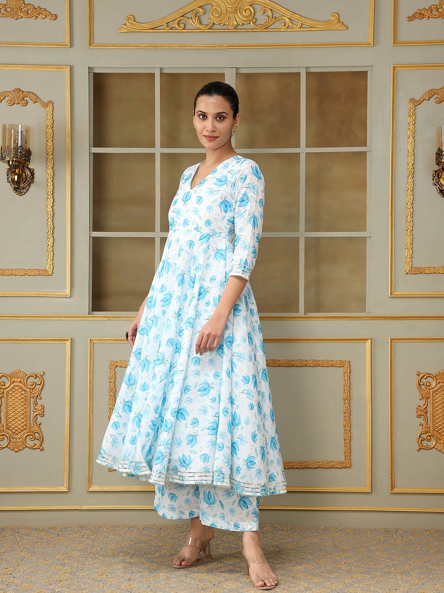 Pomcha Jaipur Blue Saadgi Blue Phool Anarkali Set | Swadesiicart