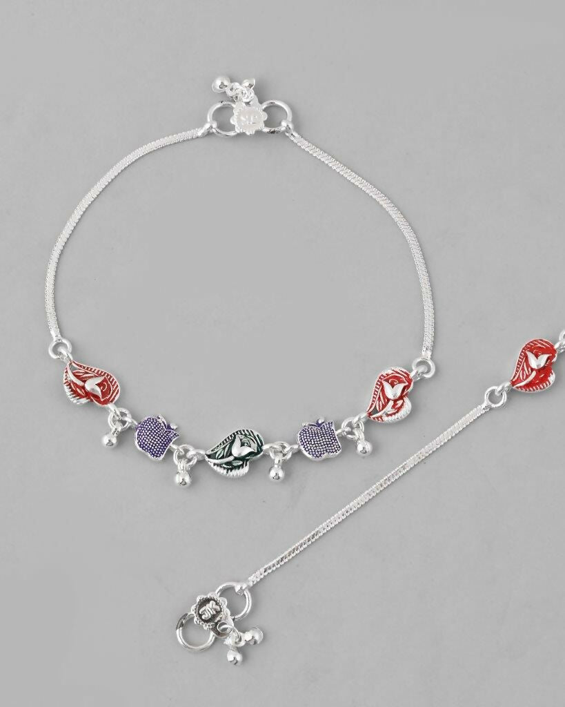 VOJ Set of 2 Silver Plated Designer Multi Color Anklet - Swadesiicart
