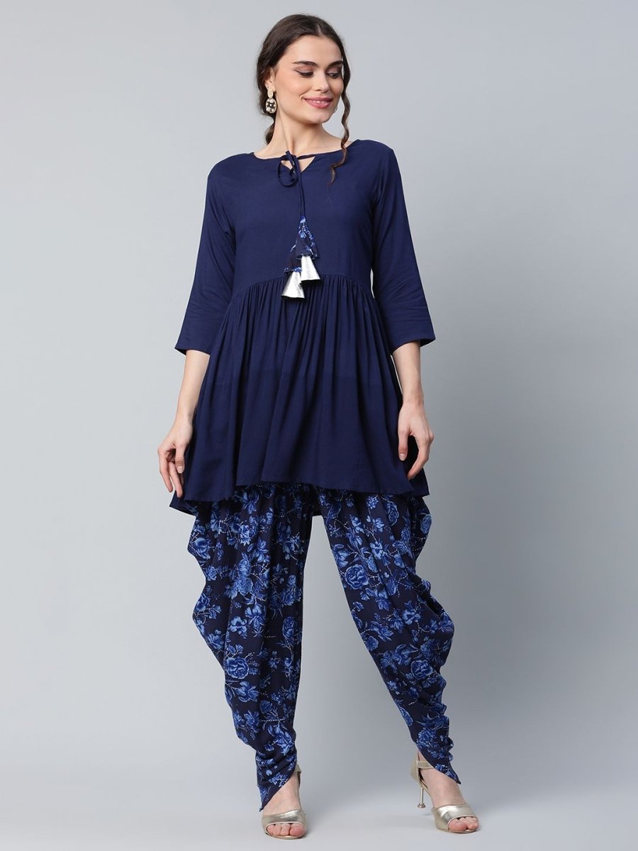 Ahalyaa Women Navy Blue Rayon Floral Empire Kurti with Dhoti Pants | Swadesiicart