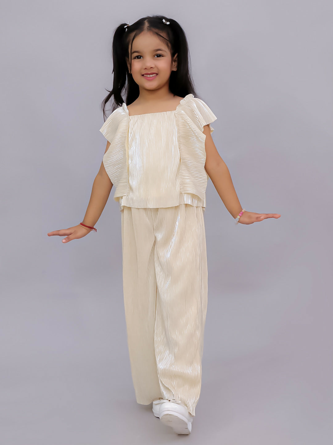 Lil Drama Glam Up Girls Beige Party Top and Pant Set | Swadesiicart