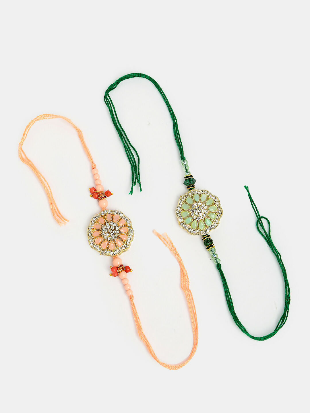 NVR Men Set of 2 Pink & Green Stone-Studded Rakhi With Roli Chawal & Chocolate | Swadesiicart