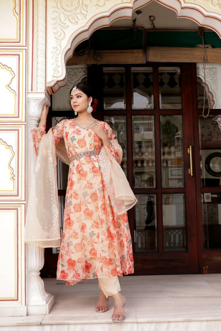 Vaasva Women Cream Organza Floral Print & Embroidered Anarkali Kurta, Pant & Dupatta set | Swadesiicart