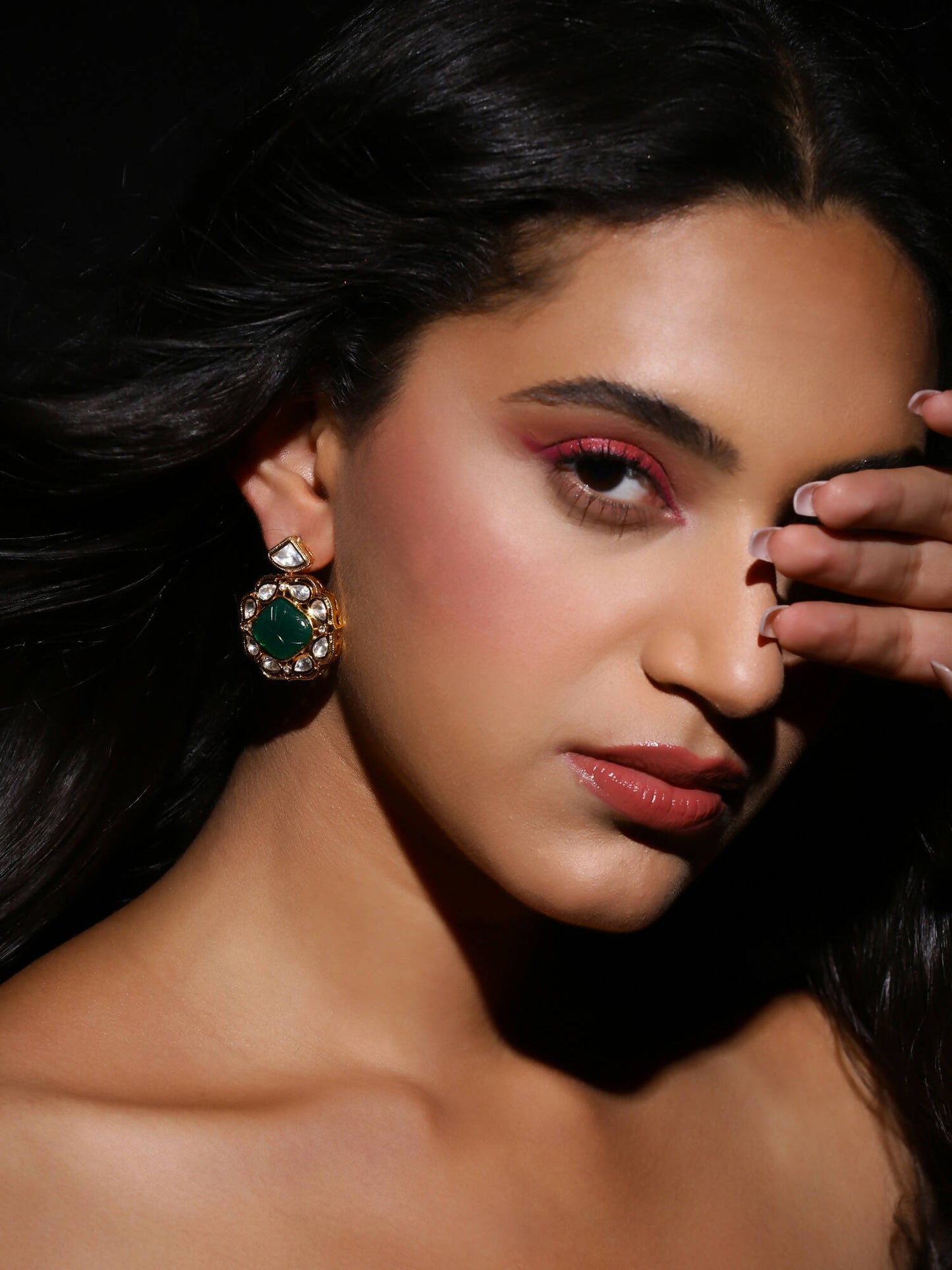 Green Gold-Polished Kundan Studs Earrings - Ruby Raang | Swadesiicart