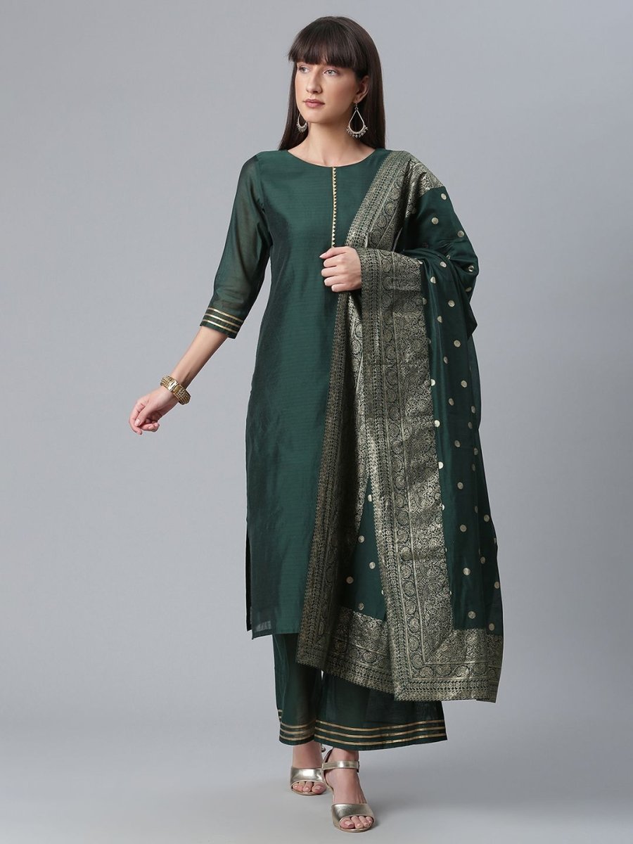 Ahalyaa Dark Green Chanderi Solid Kurta With Palazzo And Dupatta Set | Swadesiicart