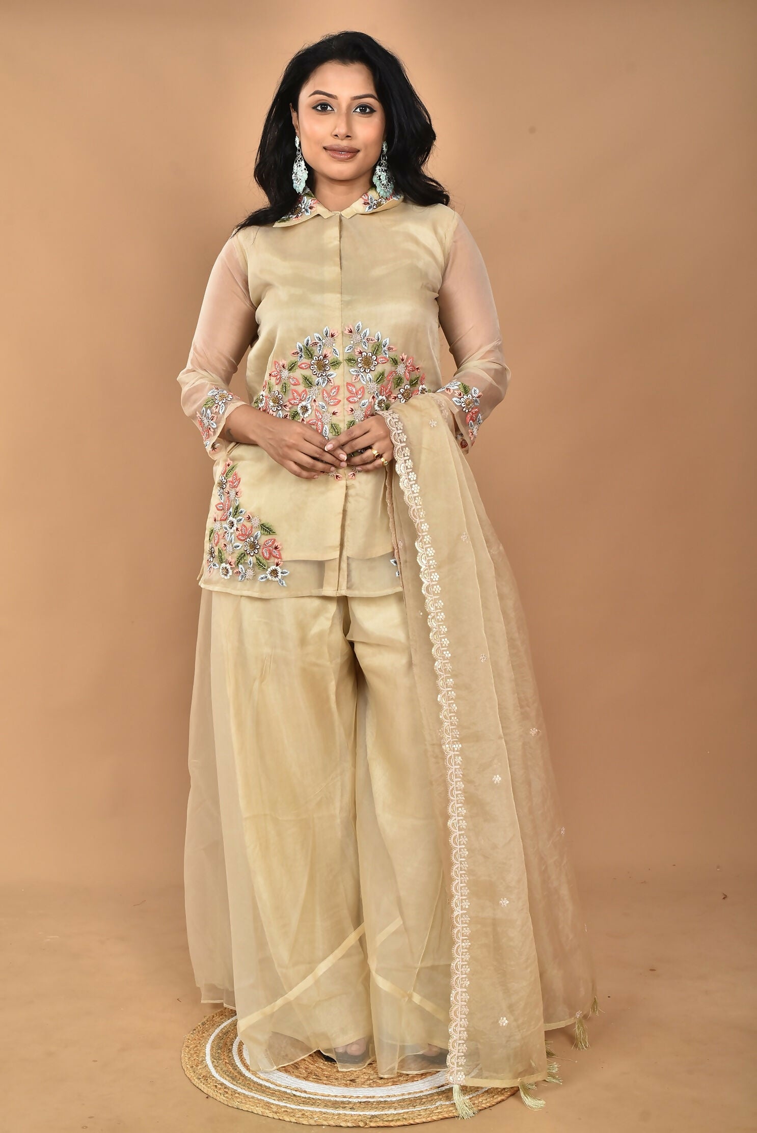Morchari Women And Hand Embroidery Palazzo Set-Beige - Swadesiicart