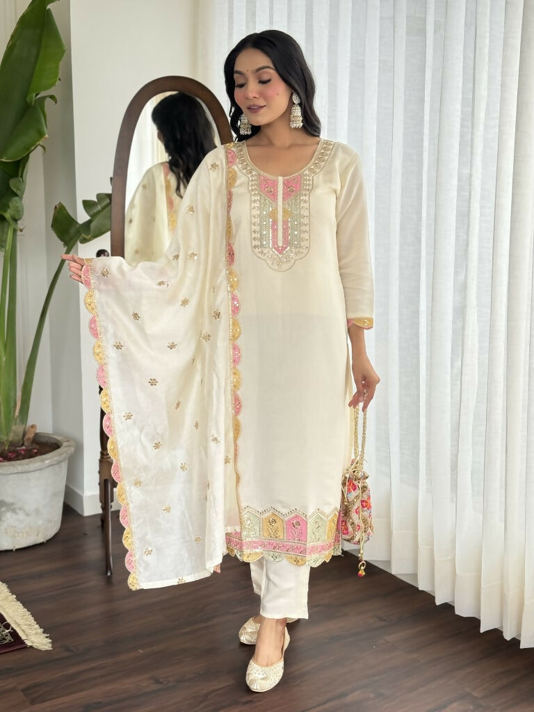 Cream Viscose chanderi Stitched Suit With Dupatta - Tanisha | Swadesiicart