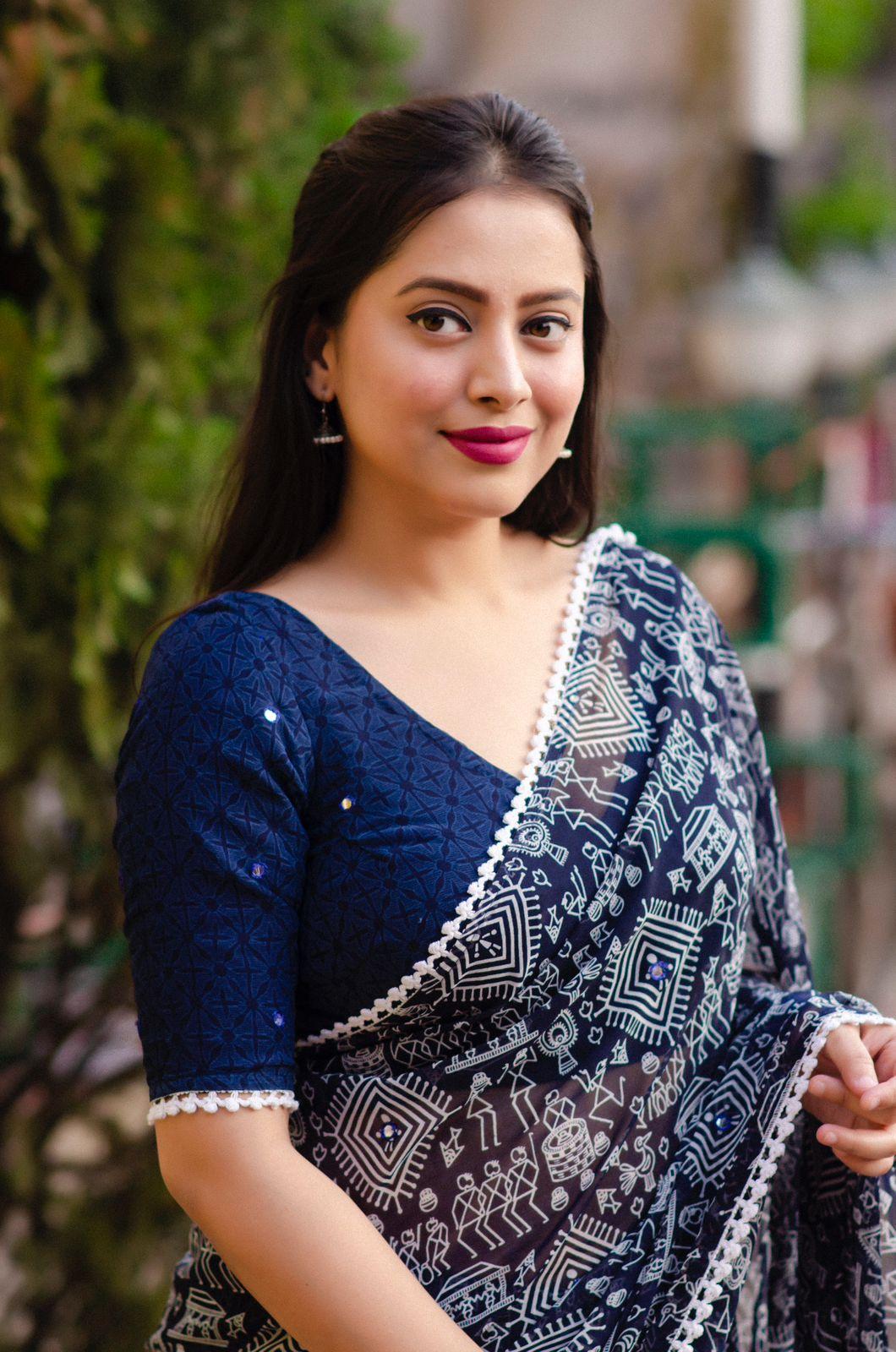 Blue Poly Georgette Ethnic Motifs Saree with Unstitched Blouse - Hiral Fashion | Swadesiicart