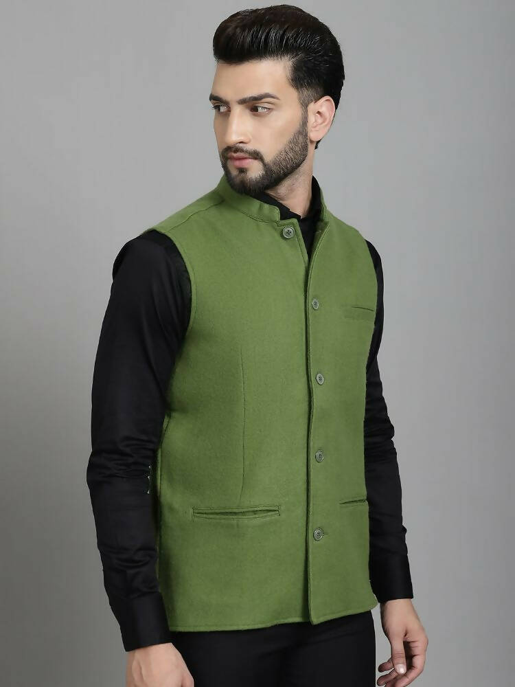 Even Apparels Nehru Jacket With Welt Pockets - Olive | Swadesiicart