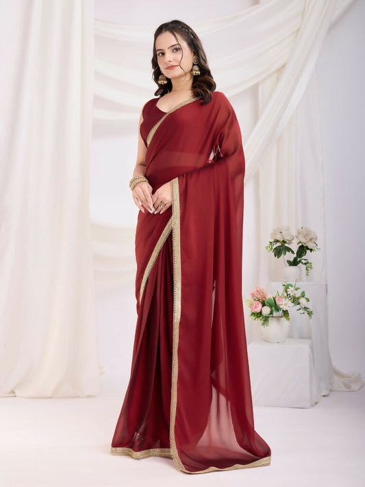 Maroon Rangoli Silk Solid, Lace Border Ready To Wear Saree - Kashvi | Swadesiicart