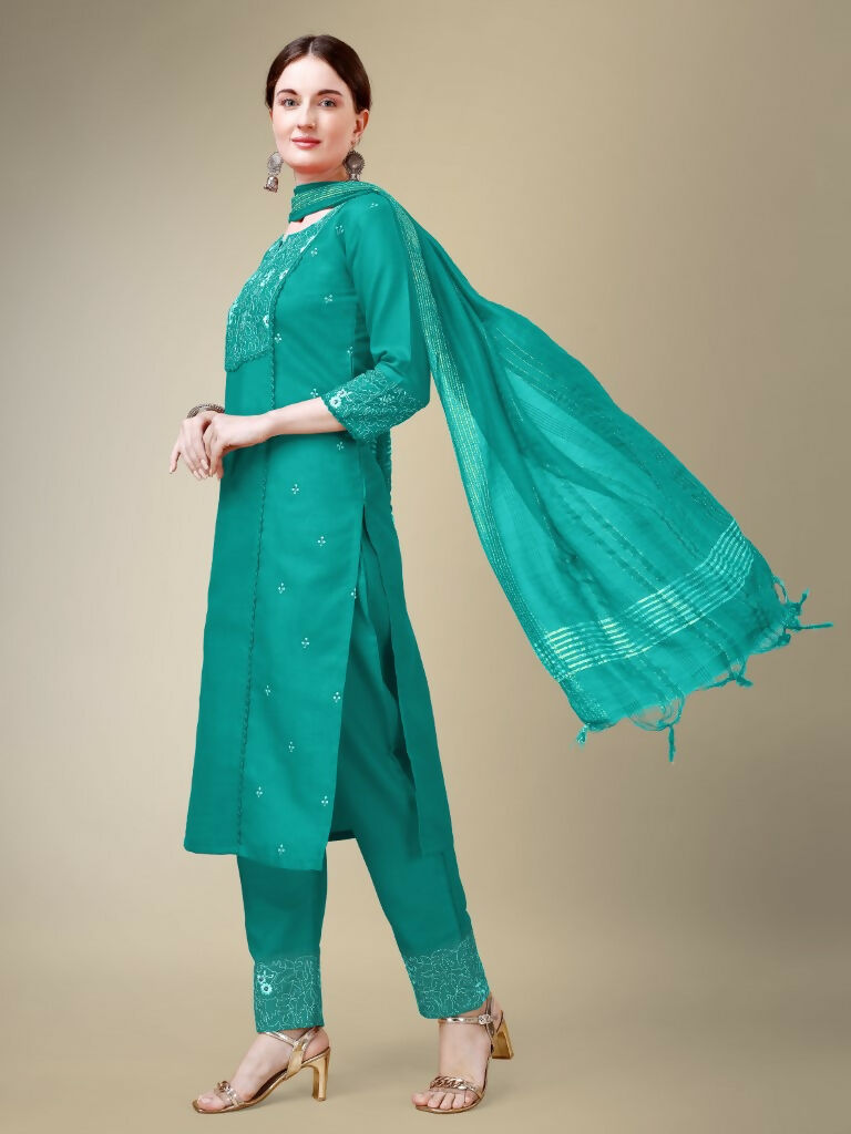 Jyoti Fashion Women's Rama Cotton Blend Embroidery & Fancy Lace work Kurta with Trouser & Dupatta | Swadesiicart