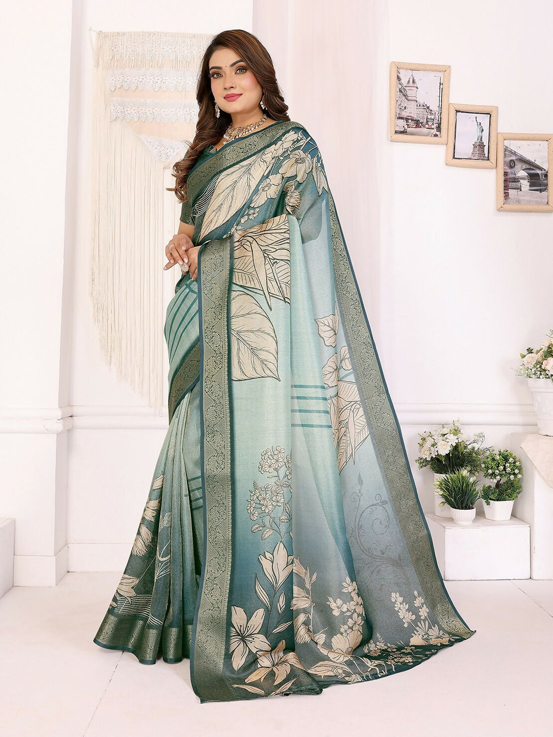 Joban Fashion Teal Floral Print pattern Banarasi Silk Sarees | Swadesiicart