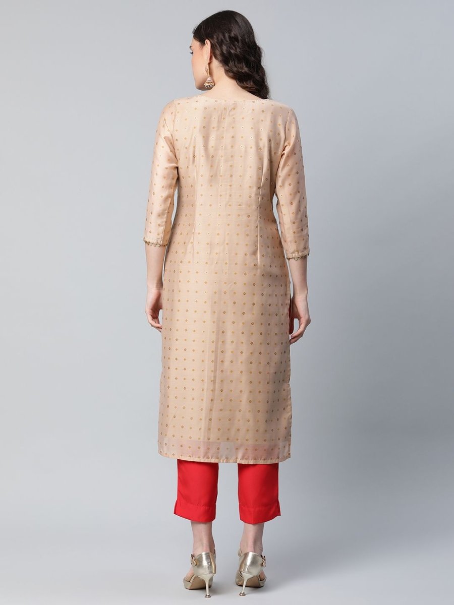 Ahalyaa Women Beige Colour Chanderi Printed Kurta Pant Set | Swadesiicart