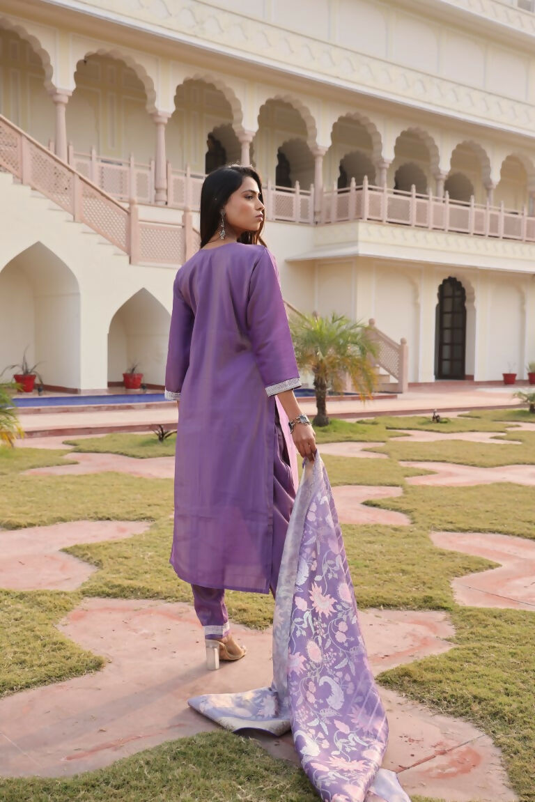Jyoti Fashion Women's Purple Simmer Silk Floral Print with Embroidered Kurta Set | Swadesiicart