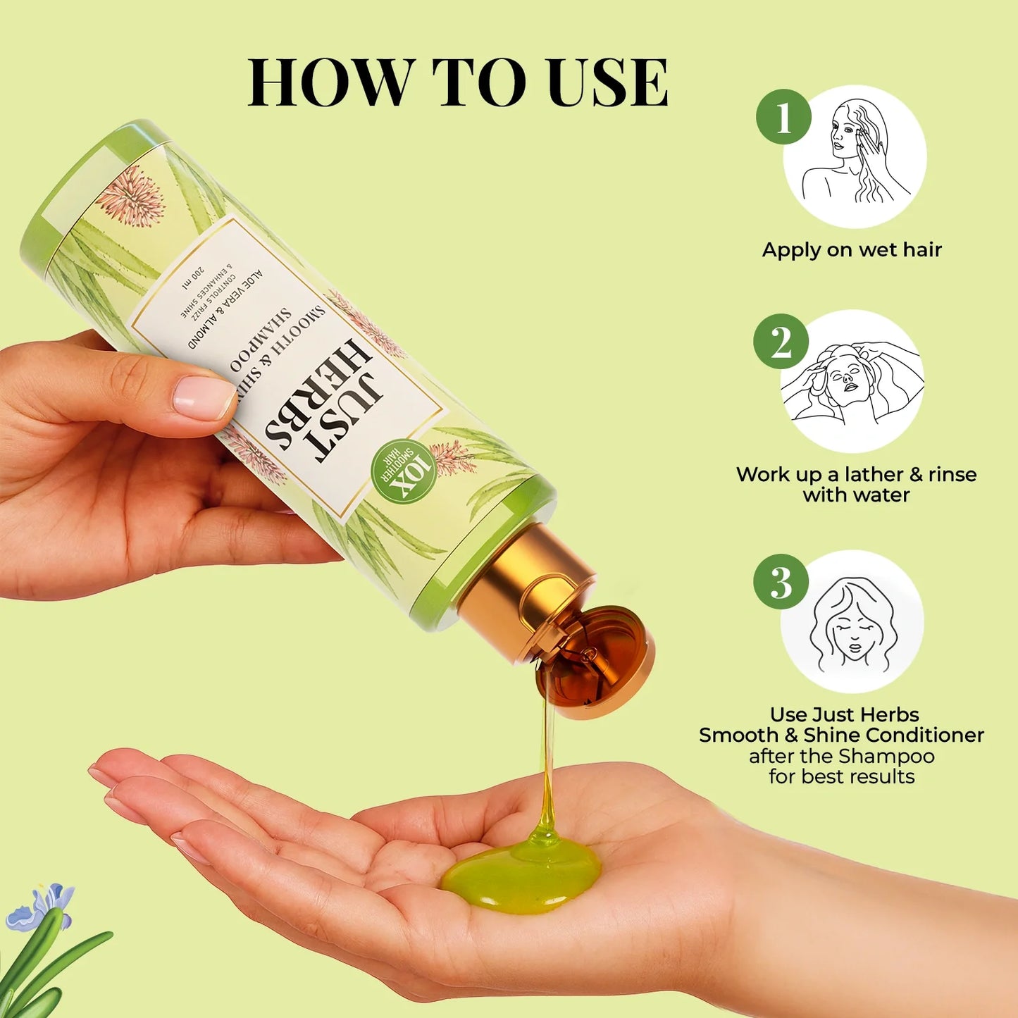 Smooth & Shine Shampoo for Dry and Frizzy Hair| Aloe Vera, Almond, Rice Protein & 12 Herbs - 200ml