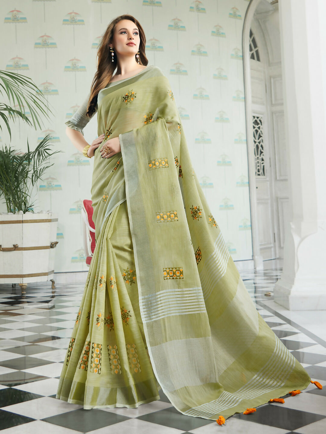 Shree Shyam Fashion Linen Pista Green Saree