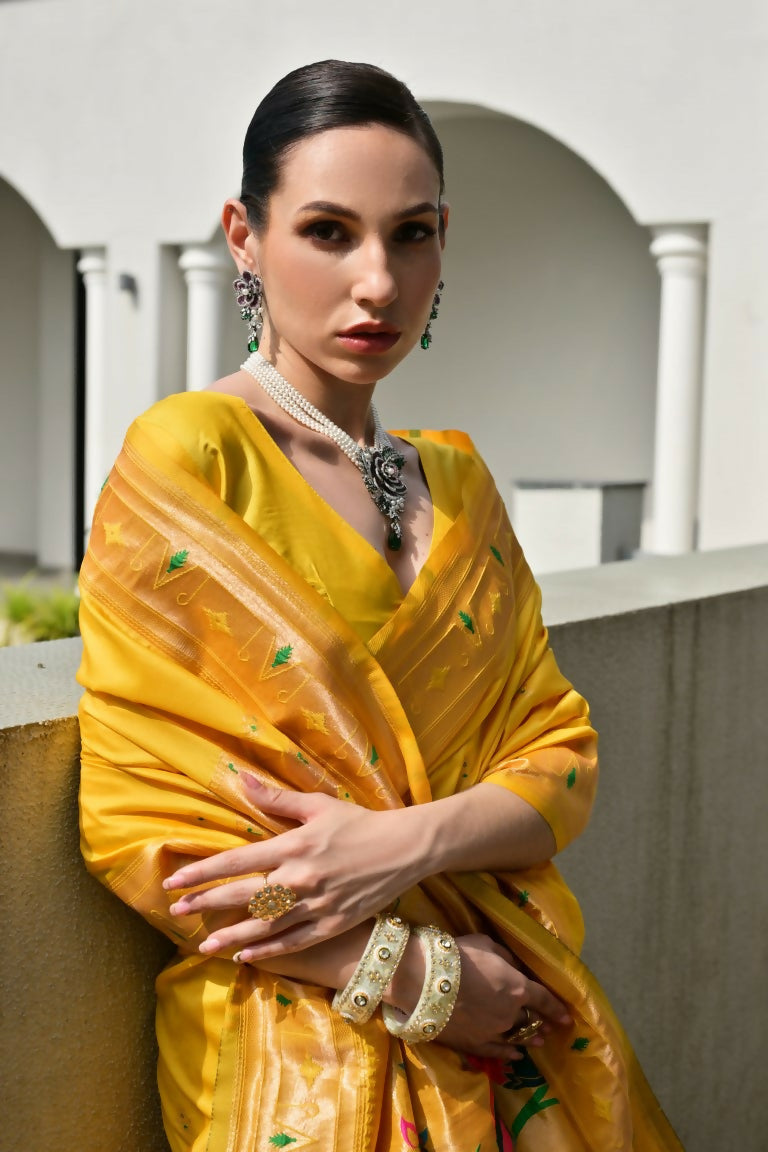 Vishnu Weaves Women's Yellow Paithani Silk Zari Woven Saree with Blouse - Swadesiicart