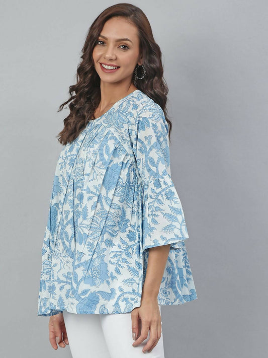 Janasya Women's White Cotton Floral Print Tiered Top | Swadesiicart