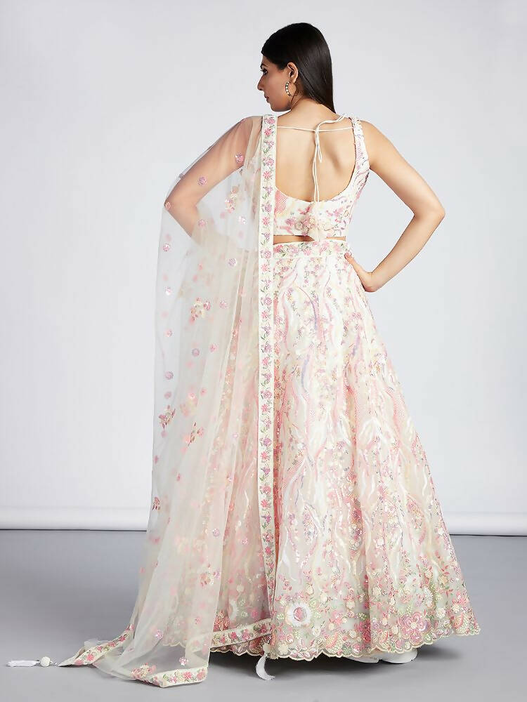 House of Panchhi Cream Net Sequins And Thread Embroidery Lehenga Choli & Dupatta | Swadesiicart