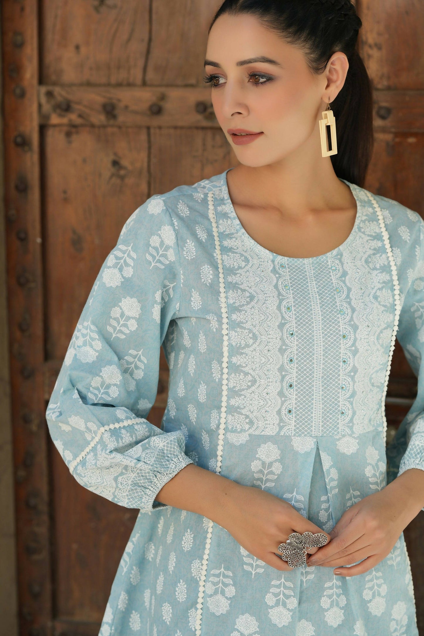 Juniper Women's Skyblue Cambric Placement Floral Printed Tunic | Swadesiicart