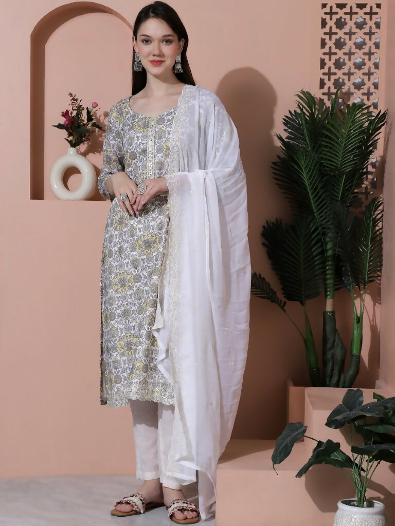 Jyoti Fashion Women's Off White Cotton Floral Digital Printed Kurta with Trouser & Dupatta | Swadesiicart