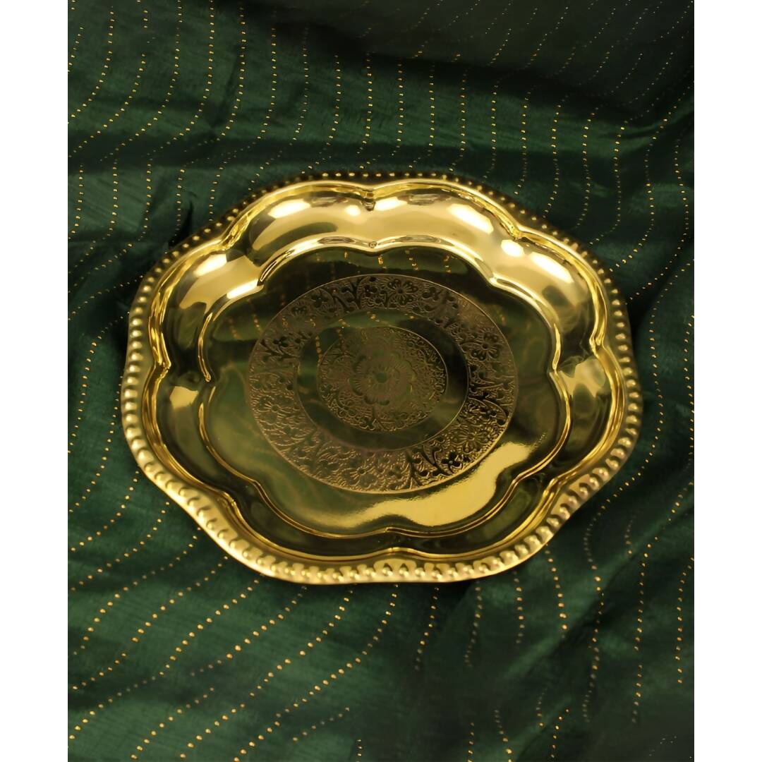 Spillbox Gold-Toned Brass Engraved Zig Zag Thali Pooja Essential | Swadesiicart