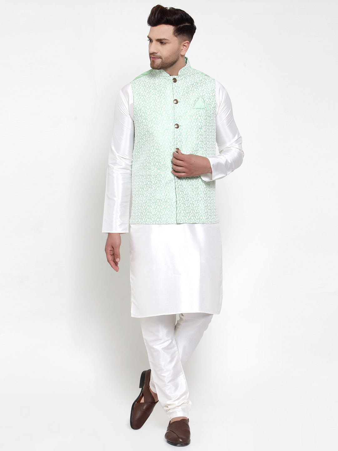 Jompers Men's Solid Dupion Kurta Pajama with Embroidered Light-Green Nehru Jacket | Swadesiicart