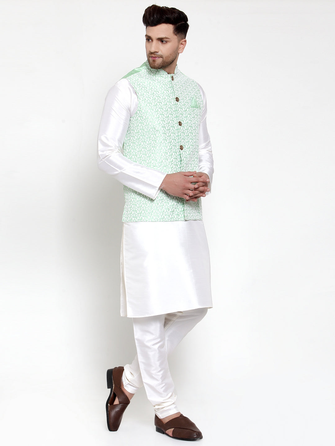 Jompers Men's Solid Dupion Kurta Pajama with Embroidered Light-Green Nehru Jacket | Swadesiicart