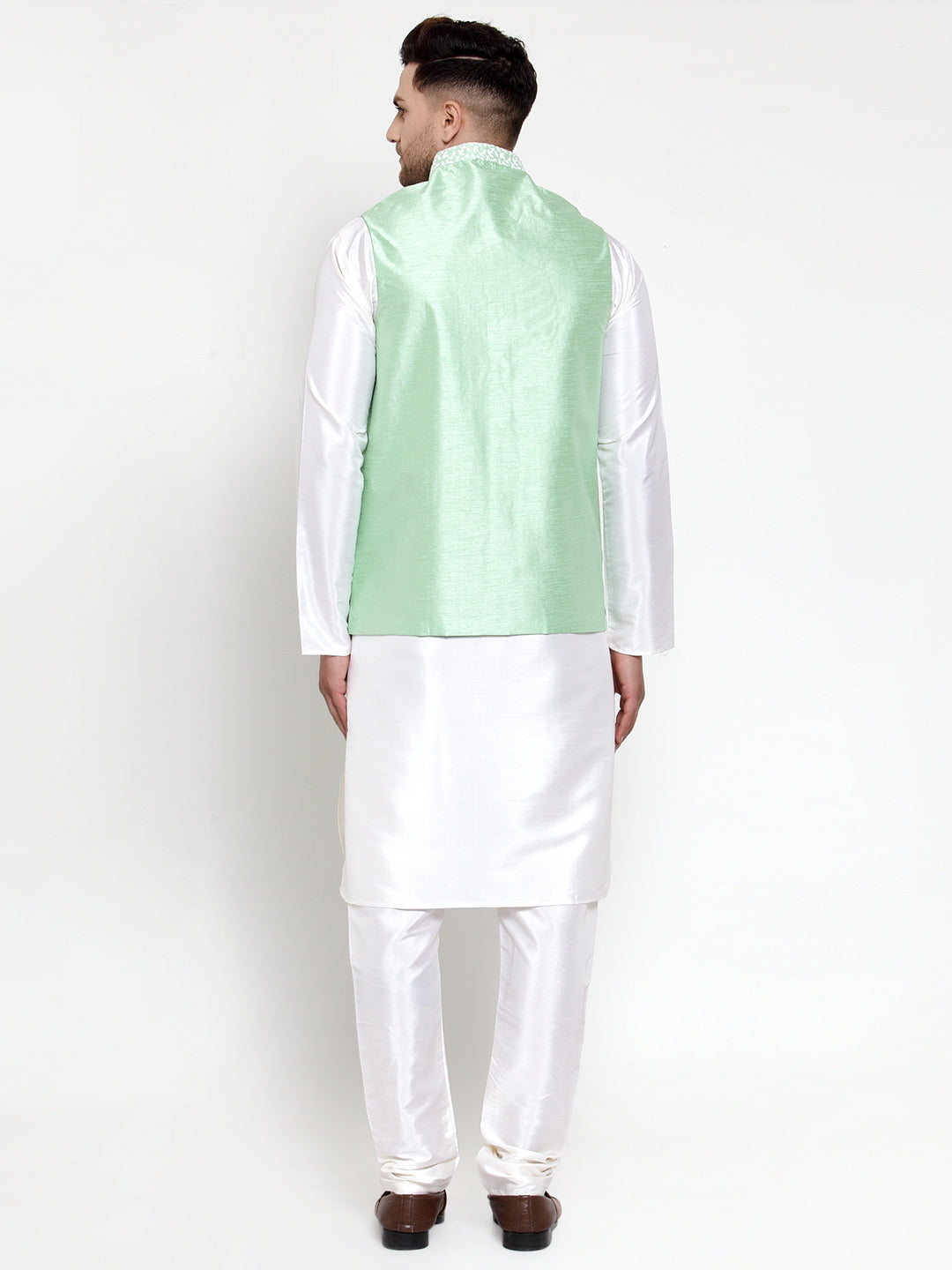 Jompers Men's Solid Dupion Kurta Pajama with Embroidered Light-Green Nehru Jacket | Swadesiicart