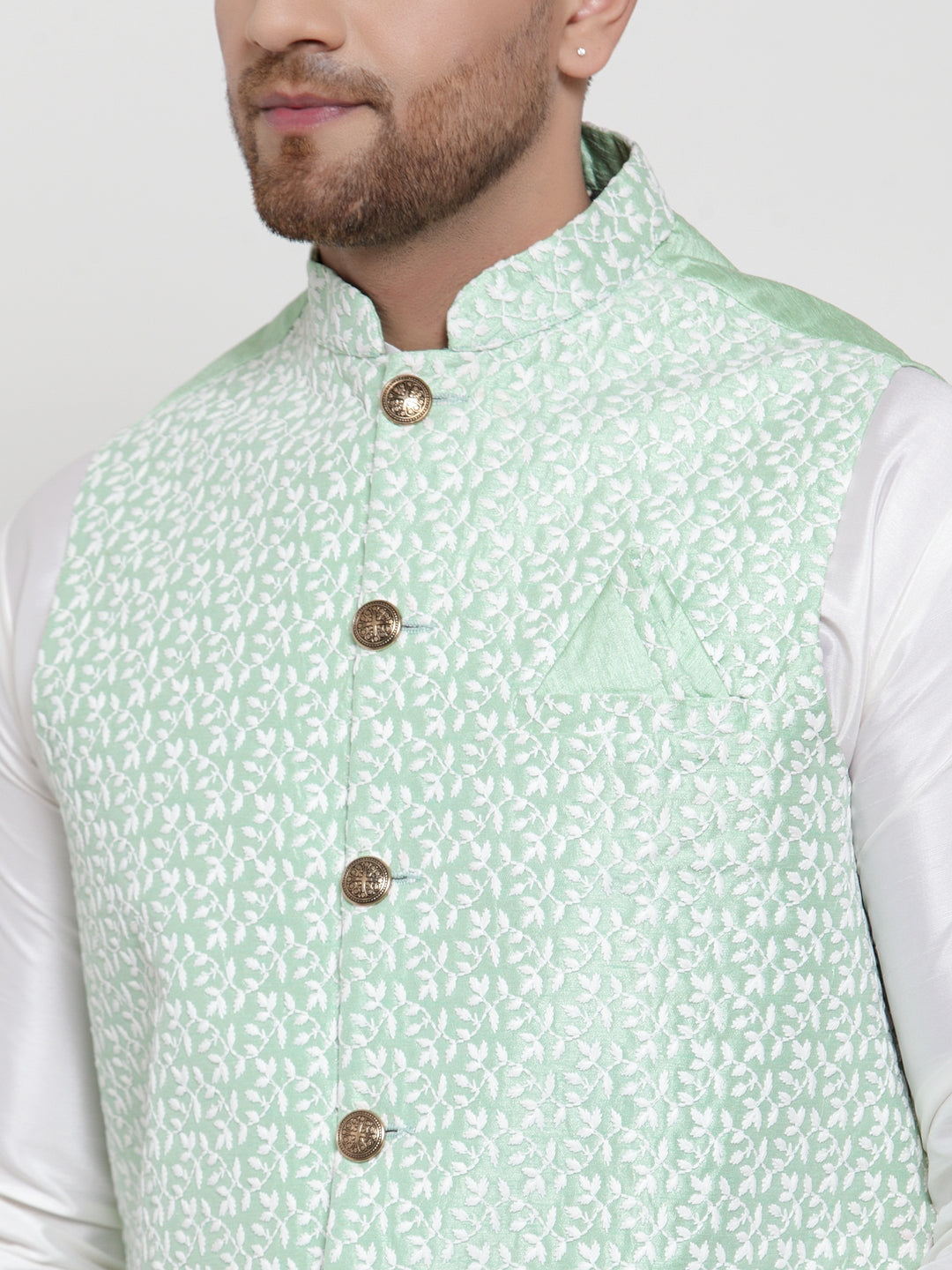 Jompers Men's Solid Dupion Kurta Pajama with Embroidered Light-Green Nehru Jacket | Swadesiicart