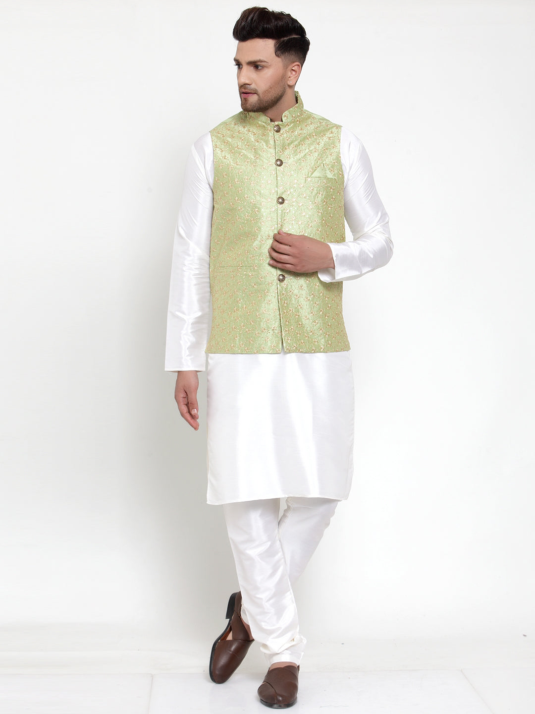 Jompers Men Solid Dupion Kurta Pajama with Embroidered Nehru Jacket (Green) | Swadesiicart