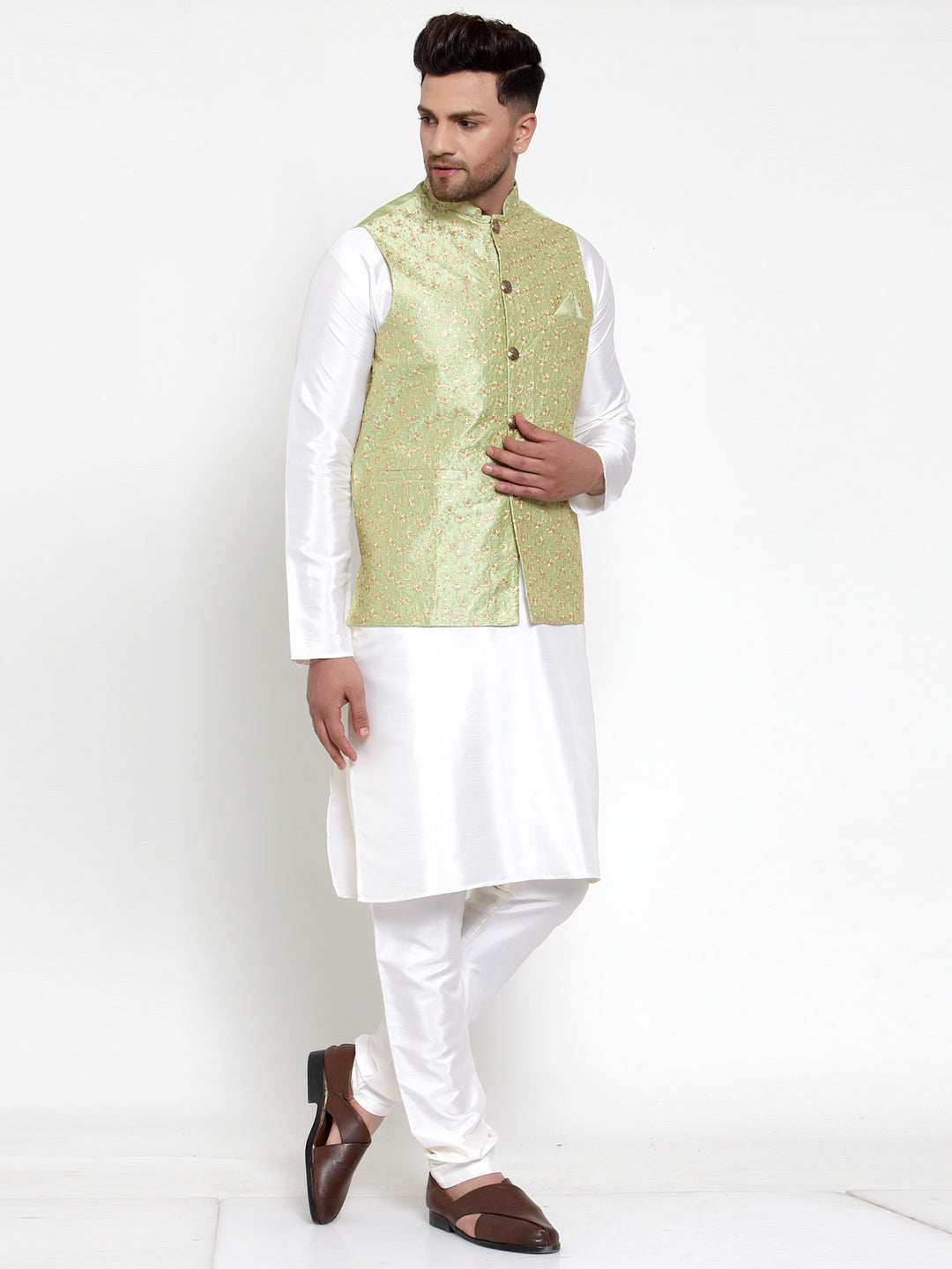 Jompers Men Solid Dupion Kurta Pajama with Embroidered Nehru Jacket (Green) | Swadesiicart